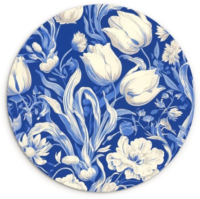 WallCircle® Wandcirkel 120x120 cm - Muurcirkel Bloemen - Delfts Blauw - Patroon - Tulp - Muurdecoratie woonkamer - Wanddecoratie slaapkamer - Kamer decoratie accessoires - Ronde schilderijen XXL