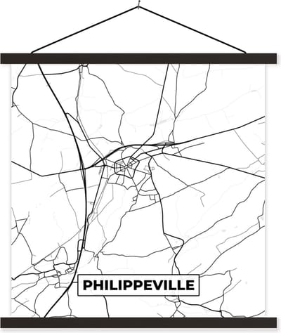 Posterhanger incl. Poster 60x60 cm - Schoolplaat - België – Philippeville – Stadskaart – Kaart – Zwart Wit – Plattegrond - Textielposter - Zwarte latten - Stadskaart