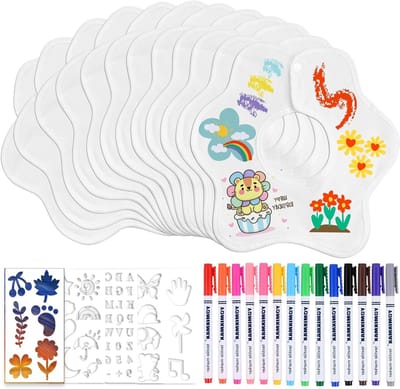 12-delige baby slabbetjes set voor schilderen, van katoen, dubbelzijdig met 14 gekleurde textielstiften en 5 schilderstencils voor babyshower en creatieve activiteiten