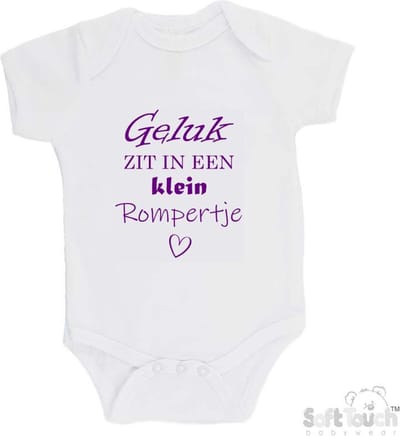 100% katoenen Romper "Geluk zit in een klein rompertje" Meisjes Katoen Wit/paars Maat 62/68