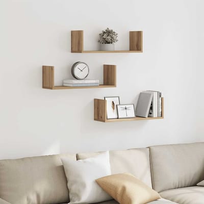 vidaXL - Wandschappen - 3 - st - 58x18x18 - cm - bewerkt - hout - artisanaal - eiken