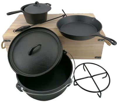 Landmann Dutch oven Set Gietijzer 6-delig - Gietijzeren braadpan - Gietijzeren koekenpan - Gietijzeren pan - Gietijzeren pan bbq - Braadpan gietijzer