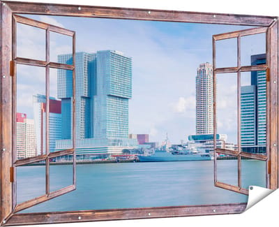 Gards Tuinposter Doorkijk Rotterdamse Skyline aan het Water - 180x120 cm - Tuindoek - Tuindecoratie - Wanddecoratie buiten - Tuinschilderij