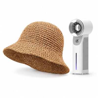 VHV - Zonnehoed en Ventilator Set - dames bruine opvouwbare strohoed - Aparte handventilator met mistfunctie - Voor strand, reizen, outdoor