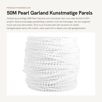 Dailygoods- Parel Garland 50M - Kunstmatige Parelketting - DIY Decoratie - Bruiloft/Kleding - ABS-kunstparels - Ø 3 mm