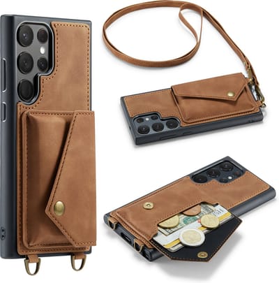 Casemania Hoesje Geschikt voor Samsung Galaxy S23 Ultra - Sienna Brown - Luxe Backcover met Koord en Magnetische Sluiting - Portemonnee Wallet Case met Pasjeshouder en Opbergvak - Lanyard Telefoonhoes - Cord Case