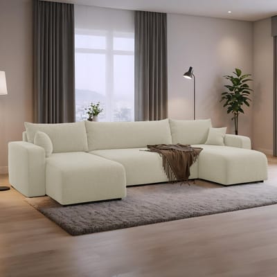 U-bank met opbergruimte Romee - Universeel - Teddy stof - Creme - Slaapbank met opbergruimte - Lounge Links of Rechts - Direct Leverbaar - U-zetel - Chaise longue - Zetel met slaapgedeelte - 4 zits - Zitcomfort Medium