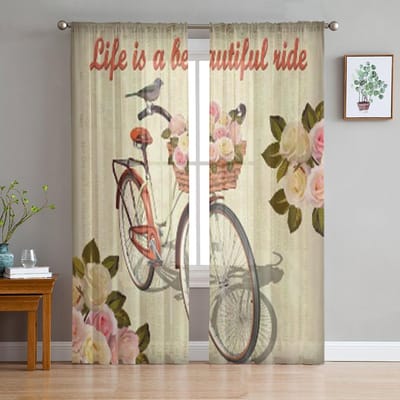 Vintage Fiets Poster Transparante Gordijnen voor Woonkamer Transparante Tule Raamdecoratie Slaapkamer Keuken Huisdecoratie Sluier Gordijnen 135W x 114H(cm) beige