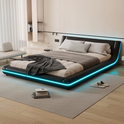 Wishdor – Vloerbed 140x200 cm – Met LED-Omgevingsverlichting – Strak & Sfeervol – PU & MDF – Zwart
