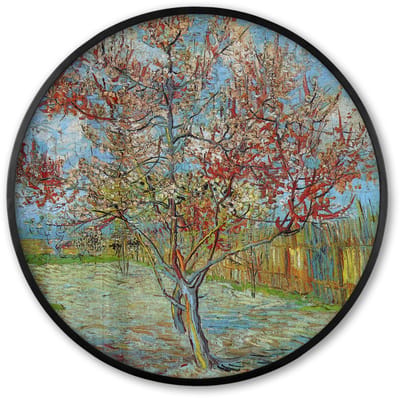 Poster in lijst Rond - Fotolijst 60x60 cm - Posters - De roze perzikboom - Vincent van Gogh - Ronde posterlijst zwart - Decoratie - Wanddecoratie woonkamer - Muurdecoratie slaapkamer