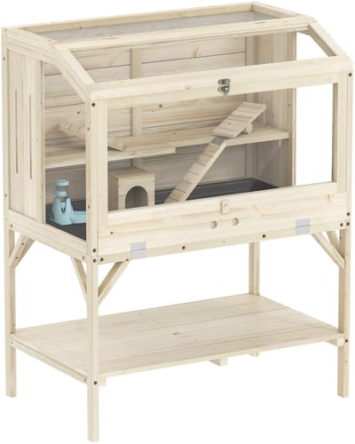 Hamsterkooi - Cavia kooi - Rattenkooi - Huisje - 2 Niveaus - Verwijderbare Lade - Met Voederstation - Zaag - Loopplank - Hutten - Hangbrug - Hout - 84L x 53B x 110H cm - Natuurhout-oppervlak