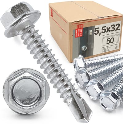 LUN FIX - Boorschroeven 5,5x32 mm - 50 stuks - Zeskantkop DIN 7504K - Verzinkt staal met boorpunt voor trapeziumplaten en metalen platen