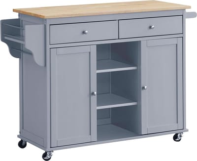Keukeneiland - Verplaatsbaar - Keukenkast - Dressoir - Organizer - Kasten - Houten Werkblad - Grijs