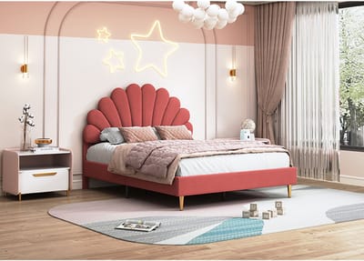 Elegant gestoffeerd bed 140 x 200 cm, modern tweepersoonsbed met bloemvormig hoofdeinde, fluwelen bekleding, zonder matras (verzonden in 2 pakketten)