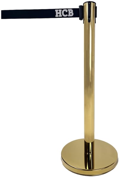 HCB® - Professionele Horeca Afzetpaal met trekband - 200 cm - goud - RVS / INOX - Afzetpaaltjes met lint - 35x35x90 cm (DxBxH) - 9 kg - 1409