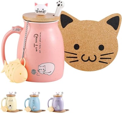 Schattige keramische kattenmok met lief deksel en lepel, perfect voor koffie, thee en melk - 380ML kerstcadeau