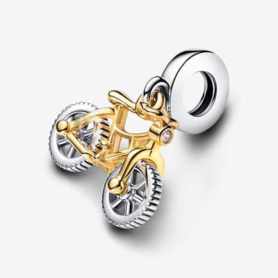 Fler® | Bedel | Past op populaire bedelarmbanden (standaard - 3mm) | Tweekleurige Fiets met Draaiende Wielen Bedel | Hangbedel Charm | 925 sterling zilver | Transparente zirkonia | Armband Kraal | Valentijnsdag Cadeau | Sinterklaas kado | Kerstcadeau