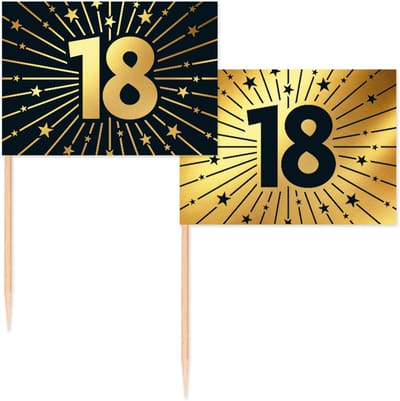 50 Vlagprikkers goud / zwart 18 jaar - Golden Celebrations - Hapjes Cocktailprikkers Tapas Prikkers Feestje