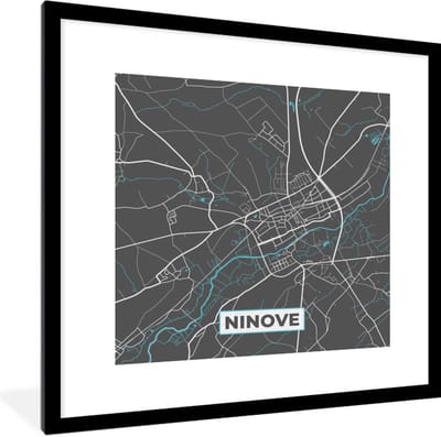 Fotolijst incl. Poster - België – Ninove – Stadskaart – Kaart – Blauw – Plattegrond - 40x40 cm - Posterlijst