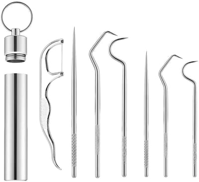 7 stuks 304 roestvrijstalen tandenstokers, draagbare tandenstokers, metaal, titanium, herbruikbaar, voor buiten, picknick en camping