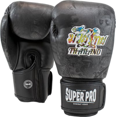 Super Pro Thaibokshandschoenen Leer Pattaya Zwart (Beschikbaar in verschillende maten)
