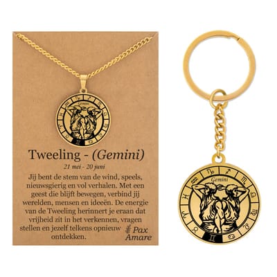 Sterrenbeeld Tweelingen / Gemini Ketting + Sleutelhanger - Goudkleurig - Stainless Steel op Cadeau Kaartje- 60cm - Pax Amare