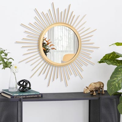 Metalen Wandspiegel - Ronde Spiegel - Woonkamer Decoratie - Gouden Zonnestraal Frame - 50 x 50 cm - Goud