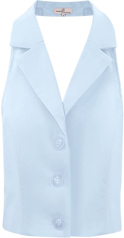 Gepolijste Mouwloze Top met Scherpe Kraag en Knoopsluiting - Blauw - Maat M