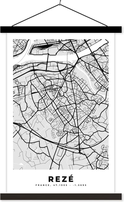 Posterhanger incl. Poster 40x60 cm - Schoolplaat - Kaart - Stadskaart - Rezé - Plattegrond - Frankrijk - Textielposter - Zwarte latten - Stadskaart