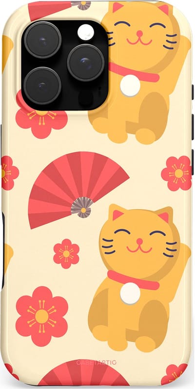 Casetastic hoesje geschikt voor Apple iPhone 16 Pro - MagSafe - Dubbellaagse bescherming - Japanse Poezenvreugde - Lucky Cats - Fashion Case - Crème Koraal Goud