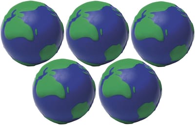 5x anti-stress bal - wereldbol - 6,5 cm - pu schuim - knijp stressbal
