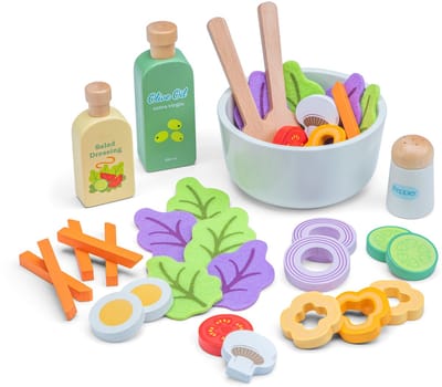 Woet® Houten Salade Set - "Maak Je Eigen Salade" Speelset met 30+ Accessoires - Rollenspel Speelgoedeten - Educatief Keukenspeelgoed - Vanaf 3 Jaar