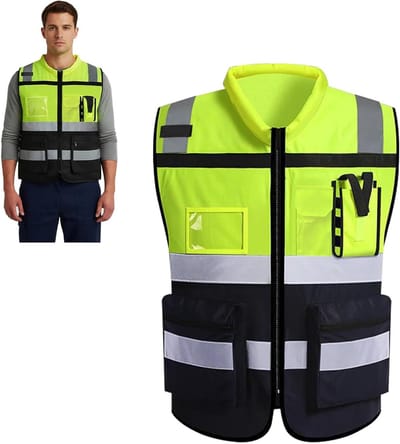 Hi-Vis Zipper Vest voor Mannen en Vrouwen - 134x73cm, XXL, Ademend, met 7 Zakjes en ID Pocket voor Werk, Hardlopen en Fietsen