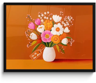 Poster in lijst - Fotolijst 70x50 cm - Posters - Vaas - Bloemen - Oranje - Posterlijst zwart - Decoratie - Wanddecoratie woonkamer - Muurdecoratie slaapkamer