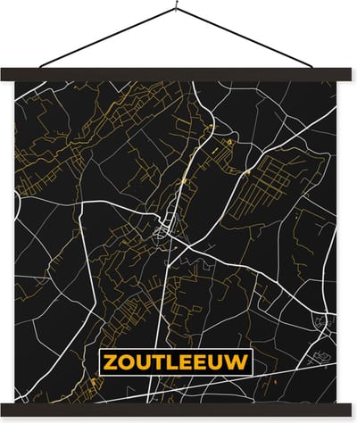 Posterhanger incl. Poster 60x60 cm - Schoolplaat - Plattegrond - Kaart - Zoutleeuw - Stadskaart - Goud - Textielposter - Zwarte latten - Stadskaart