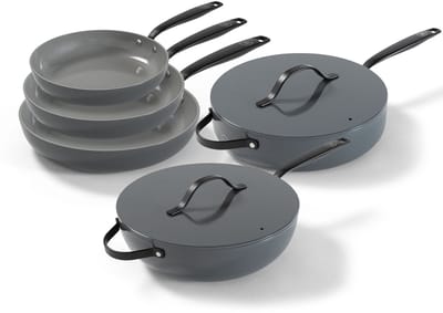 BE Living 5-delige Pannenset - Ø 20, 24 & 28 cm Koekenpan + Ø30 cm Wokpan + Ø28 cm Hapjespan - Koekenpannenset - Bakpan - Keramisch - PFAS Vrij Anti Aanbak - Inductie Pannen - Grijs - Essential Series