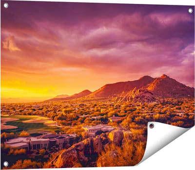 Gards Tuinposter Woestijn Landschap met Zonsondergang - 80x60 cm - Tuindoek - Tuindecoratie - Wanddecoratie buiten - Tuinschilderij