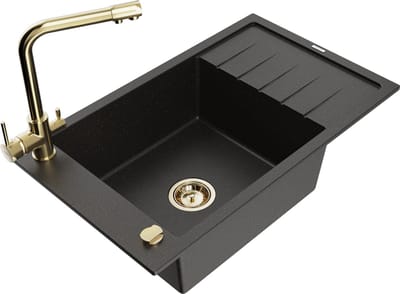 Mexen Elias granieten spoelbak 1-komers met afdruiprek en keukenkraan Duero, zwart/gouden metallic - 6511-75-671600-50