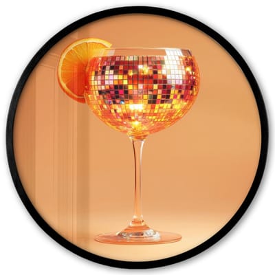 Poster in lijst Rond - Fotolijst 40x40 cm - Posters - Drank - Oranje - Glitter - Disco - Ronde posterlijst zwart - Decoratie - Wanddecoratie woonkamer - Muurdecoratie slaapkamer