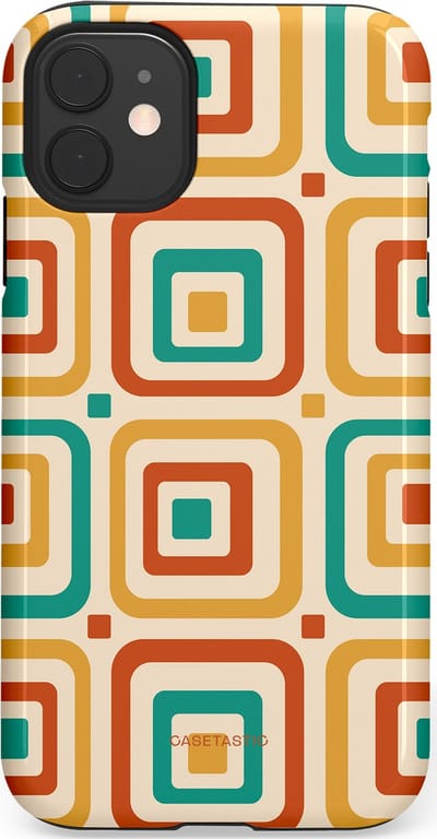 Casetastic hoesje geschikt voor Apple iPhone 11 - Dubbellaagse bescherming - Retro Vierkant verlangen - Fashion Case - Crème Terracotta Goud Turquoise