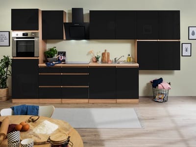 Goedkope keuken 380  cm - complete keuken met apparatuur Lorena  - Eiken/Zwart - soft close - keramische kookplaat - vaatwasser - afzuigkap - oven    - spoelbak