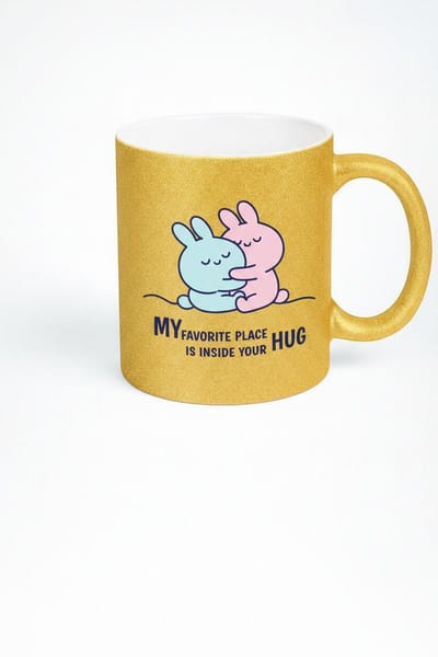 Gouden Glitter Mok met Knuffelende Konijntjes - 'My Favorite Place Is Inside Your Hug' - Romantisch Liefdescadeau