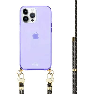 xoxo Wildhearts silicone case met koord - Paars telefoonhoesje met koord - telefoonketting - Gold Goddess - Cord Case - geschikt voor Apple iPhone 12 Pro - Zwart koord met gouden accenten