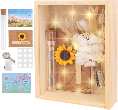 Dailygoods - Huwelijkscadeau voor bruidspaar, geschenkdoos bruiloft, inclusief houten doos, gedroogde bloemen, kunststof reageerbuisje, lichtketting, geschenkdoos met droogbloemen voor verloving, jubileum
