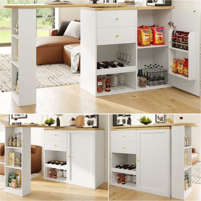 Bartafel - 105 x 39 x 102 cm - Draaibare Bartafel met 2 Laden en Schuifdeurkast - MDF - Zwart