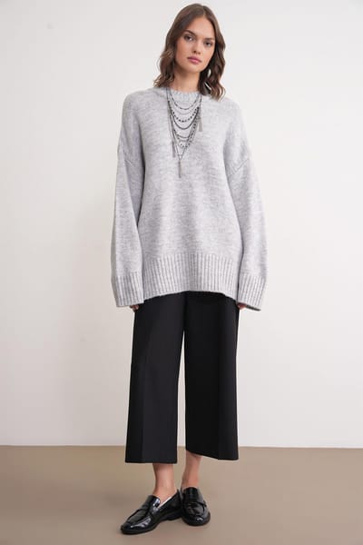 Oversized Geribbelde Gebreide Trui met Ronde Hals