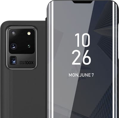Cadorabo Hoesje geschikt voor Samsung Galaxy S20 ULTRA in TOERMALIJN ZWART - Clear View Spiegel Beschermende Case met Tribunefunctie 360 Graden Bescherming Book Case Cover Etui