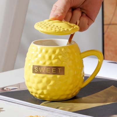 Tasse créative en forme de durian avec couvercle et cuillère, tasse à café en céramique personnalisée et amusante 420ML yellow