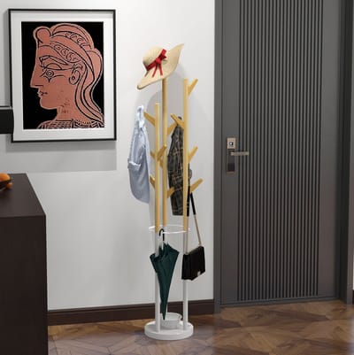 MEUNIQ Garderobestandaard met 13 haken en paraplustandaard, kledingrek van bamboe en metaal, 30,5 x 30,5 x 174,5 cm, hal of entree, naturel