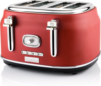 Westinghouse Retro Broodrooster – 4 Sneden – Extra Brede Sleuven – Warmhoudrek – 1750W – Rood